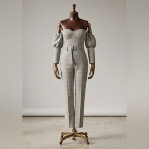 GUESS 'Alexa' Grey Plaid Belted Bustier Puff Sleeve Jumpsuit - Size 0